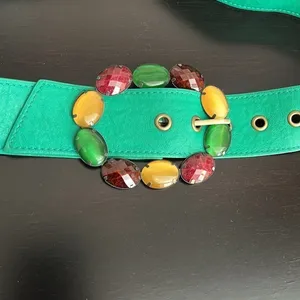 Pieces Verinda belt, multi color bejeweled buckle, green retro belt,43” length thumbnail 2
