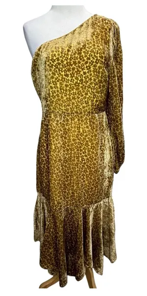 Molly Green Zion Burnout Velvet Dress L Gold Brown Floral One Shoulder Glam Boho thumbnail 1