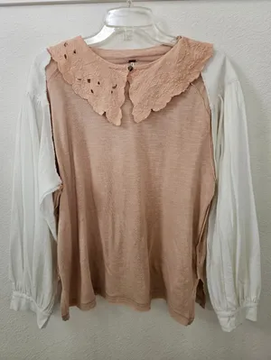 Free People NWT "I'm The One" Mixed Media Top XS Blush Pink Lace Collar​ thumbnail 1