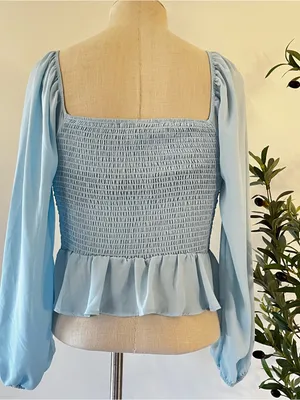 Shinestar Light Blue Smocked Peplum Blouse with Balloon Sleeves thumbnail 2