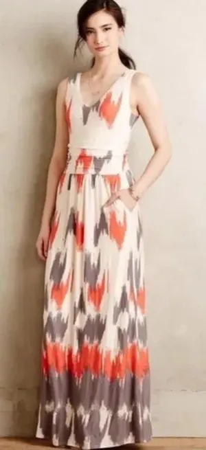 Anthropologie Maeve Sabine Maxi Dress Cream Gray Patterned Small Women's thumbnail 1