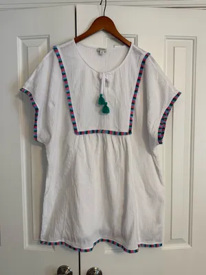 J.Crew Factory White Tassel Beach Tunic with Pink, Green and Blue Trim 2X thumbnail 3