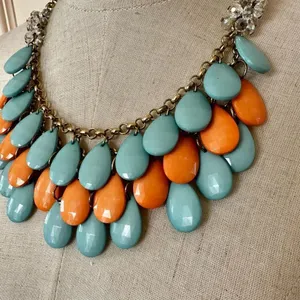 Orange and blue teardrop double strand statement necklace thumbnail 2