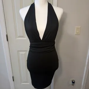 SHEIN Small Black Halter Deep V Neck Ruched Bodycon Formal Dress Open Back NWOT thumbnail 4