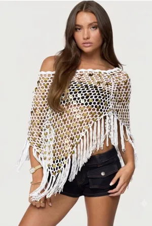 Fringe Sequin Crochet Fishnet Poncho by Velvet Vandal Natural White Sz L Boho thumbnail 1