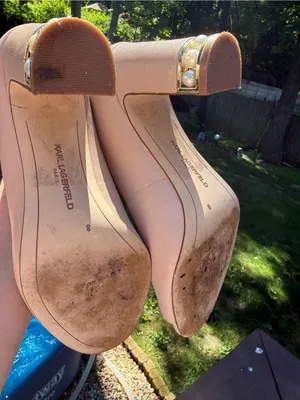 Karl Lagerfeld Paris Nude Beige Open Toe Gold Leather Pearl Block Heels - 8 8M thumbnail 5