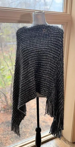 Knit poncho shawl boxy blanket pullover fringe in Black pullover work to night thumbnail 1