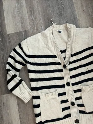 American Eagle Cardigan Womens Medium Ivory Black Striped Knit Shawl Collar thumbnail 8