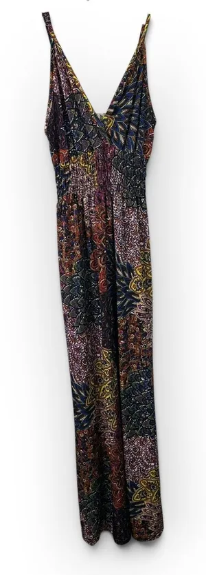 Gypsy Chic Maxi Dress Boho Paisley Print V-Neck Smocked Waist Sundress Festival thumbnail 1