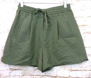Uniqlo Womens Pleated Front Elastic Waist Short High Rise Green Rayon Blend Sz M thumbnail 1