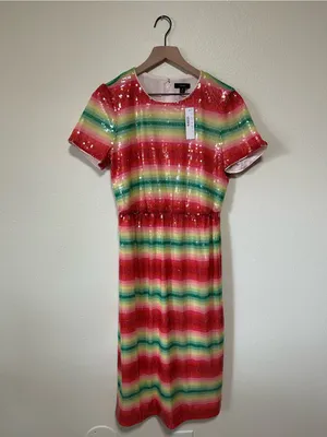 💗🆕J. Crew Watermelon Sequin Pink Multi-Stripe Midi Short Sleeve Dress✨NWT✨ thumbnail 3