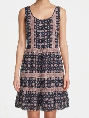 Sweet Journey Boho Tiered Mini Dress Sleeveless Geometric Print Navy Orange thumbnail 2