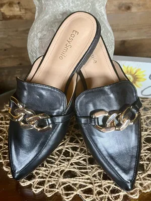 EasySmile Black Pointed Toe Mule Loafers Gold Chain Women’s Size 8 thumbnail 1