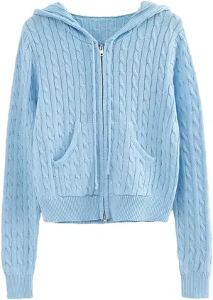 Blue Cable Knit Zip-Up Slim Fit Crop Knit Hoodie thumbnail 1