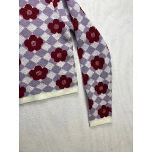 Lulus Floral‎ Checkerboard Sweater Long Sleeve Crewneck Ivory Lilac M New thumbnail 4