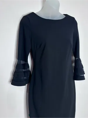 Calvin Klein Black Midi Sheath Dress Tiered Mesh Sleeves size 2 Classic thumbnail 2
