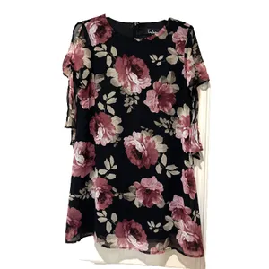 Lulus Black Pink Floral Cold Shoulder Tie Sleeve Shift Mini Dress sz Small thumbnail 2