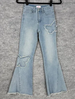 YMI Size-8 Girl Light Wash Butterfly Patchwork Flare Leg Jeans Distressed Frayed thumbnail 1