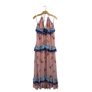 Faeriesty Pink Floral Tiered Halter Maxi Dress Ruffle Cottagecore XL Rose Print‎ thumbnail 3