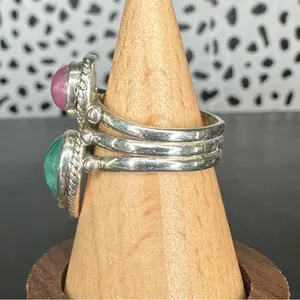 Sterling Silver Pink and Green Moonstone Two Stone Triple Band Ring Size 7 thumbnail 2