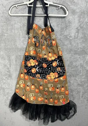 Halloween Bib Apron Handmade One Size Rhinestone BOO Black Tulle Pumpkins thumbnail 1