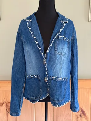 New Identity Vintage 100% cotton Blue Denim Jacket with Eyelet Trim size Large thumbnail 1