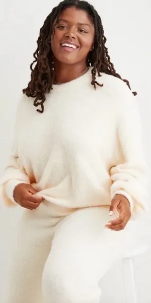 Aerie Matching Sweater Set Cream White Fuzzy Fluffy Marshmallow Medium & Pants thumbnail 1