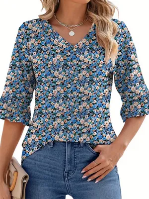 Floral Blouse Sz M Oversized Blue Ruffle bell sleeves V Neck Pullover thumbnail 1