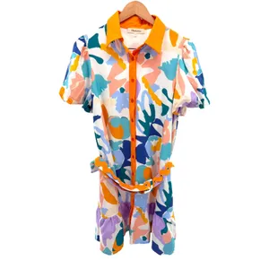 Ultramarine Abstract Print Linen Blend Belted Mini Dress Art Deco Eclectic Mod M thumbnail 2