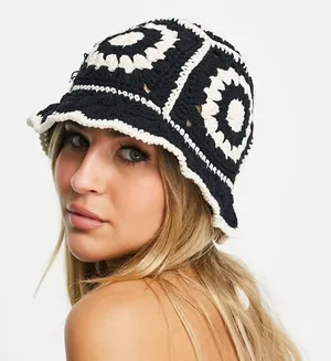 Black White Crotchet Flower Boho Grandma Bucket Hat One Size‎ thumbnail 1