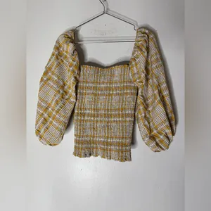 Anthropologie Maeve Plaid Square-Neck Blouse Yellow Natural‎ Motif Size XS thumbnail 2