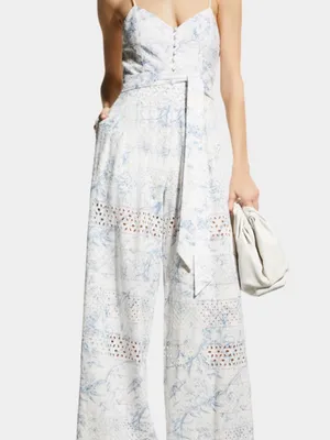 Alice + Olivia Shanti Blue & White Floral Toile Eyelet Wide Leg Jumpsuit XS 0/2 thumbnail 7