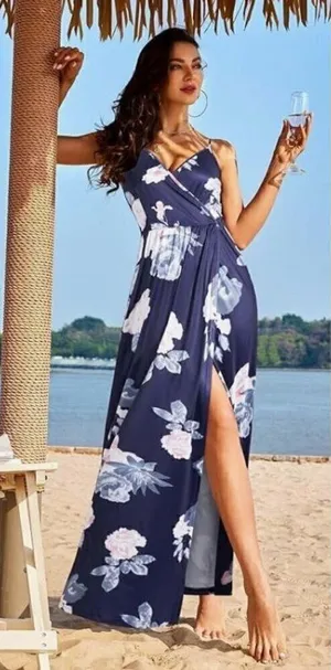 Boutique Blue & Pink Floral Wrap Front Side‎ Slit Maxi Dress 2XL thumbnail 1