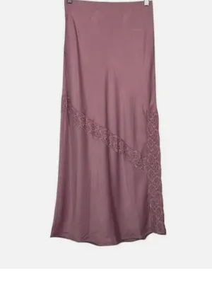 NWOT Free People Y2K Dusty Rose Silky Satin Midi Skirt Cottagecore Lace Pull On thumbnail 2
