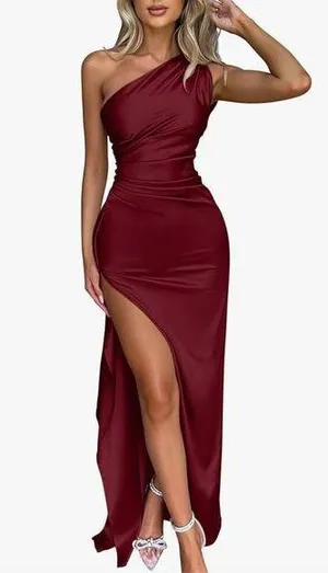 NEW 1 Shoulder High Split Cocktail Wedding Party Maxi Dress L thumbnail 1