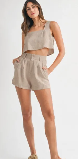 MABLE 2 Piece Matching Set - Sleeveless Crop Square Neck Tank Top & Shorts Tan L thumbnail 1