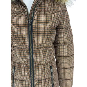 C-RO Denmark Houndstooth‎ 2-Way Stretch Puffer Coat with Faux Fur Hood Size 4 thumbnail 6