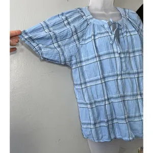 LOFT Peasant Top Size Medium Blue Plaid Crinkle Country Boho Cowgirl Western thumbnail 2