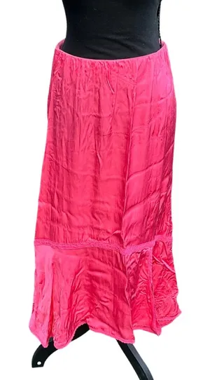 Aerie Hot Pink Satin Maxi Skirt Mermaid Ruffle Lace Trim Elastic Waist Small thumbnail 1