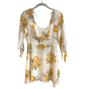 For Love & Lemon Mini Dress Women Medium White Lemon Print Cottagecore Tie Strap thumbnail 3
