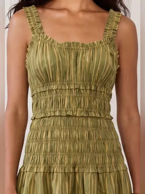 Few Moda o.p.t Freya Size M Green Striped Smocked Fit Flare Midi Cotton Dress thumbnail 2