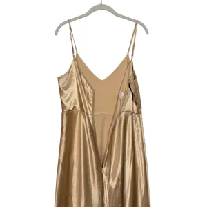 Birdy Grey Satin Maxi Dress Spaghetti Strap Slit Gold Bridesmaid Formal M thumbnail 12