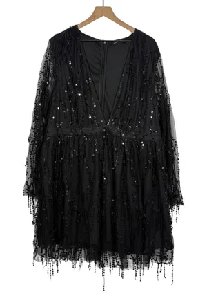 Double Crazy Sequin Mini Dress Plus Size 4XL Black Deep V-Neck Party Club Fringe thumbnail 1
