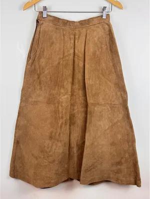 Vintage 80s Brown Suede Leather Maxi Skirt Western Boho A-Line Hook Too Sz 8 thumbnail 1