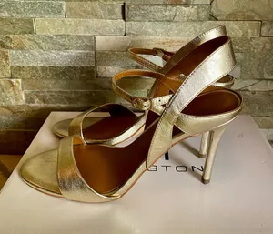 H by Halston Metallic Gold Leather Ankle Strap Sandals thumbnail 1