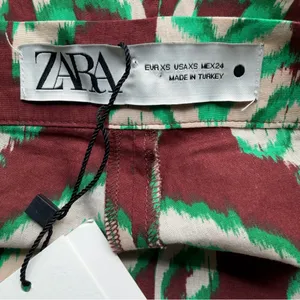 Zara Selena Printed Pants Womens XS Green Brown Wide Leg Cotton NWT thumbnail 7