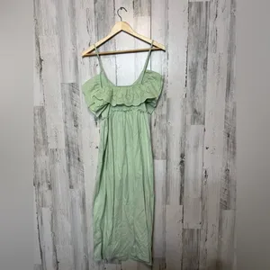 ZARA Green Eyelet Ruffle Maxi Dress Small Off Shoulder Cottagecore Summer thumbnail 5