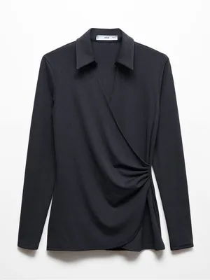 Mango Belinda Wrap Top Blouse V Neck Collared Charcoal Gray Ribbed NWT thumbnail 1
