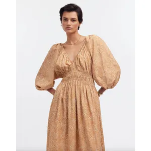 Madewell V Neck Balloon Sleeve Maxi Dress Spiral Dot Tan Smocked Boho US 00 NWT thumbnail 2