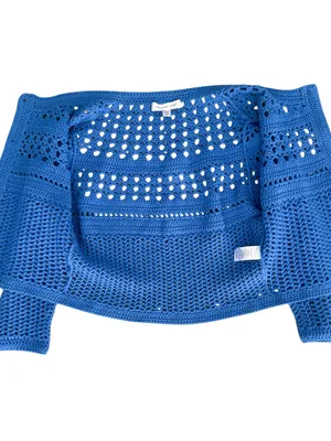 Amour Vert Blue Crochet Open Knit 3/4 Sleeve Cropped Cardigan Sweater Small thumbnail 7